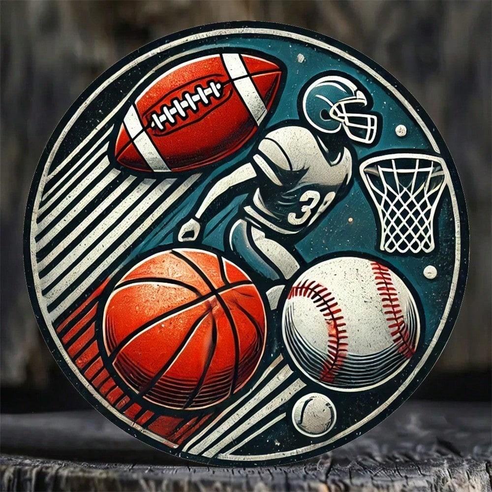 Vintage Round Metal Wall Art 7.8 Inch Sports Aluminum Sign Football Basketball Baseball Decor for Home Bar Rustic Weatherproof Plaque