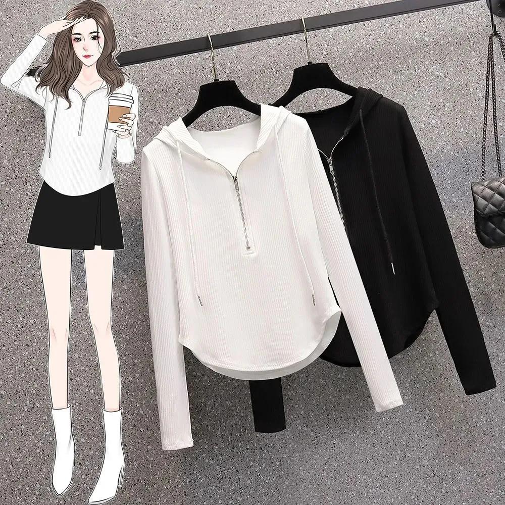 Threaded Drawstring Hooded T-shirt Women's Long-sleeved Spring and Autumn Slim Slimming All-match Design Bottoming Top