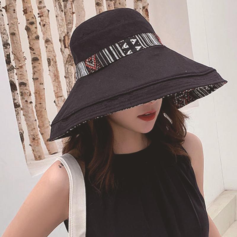 Sonnenschutz UV-Schutz Sonnenschirmhut Ethno-Stil Retro-Hut mit Kordelzug Damen Outdoor Sonnenschutz Schatten Wanderhut Doppelseitiger Fischerhut
