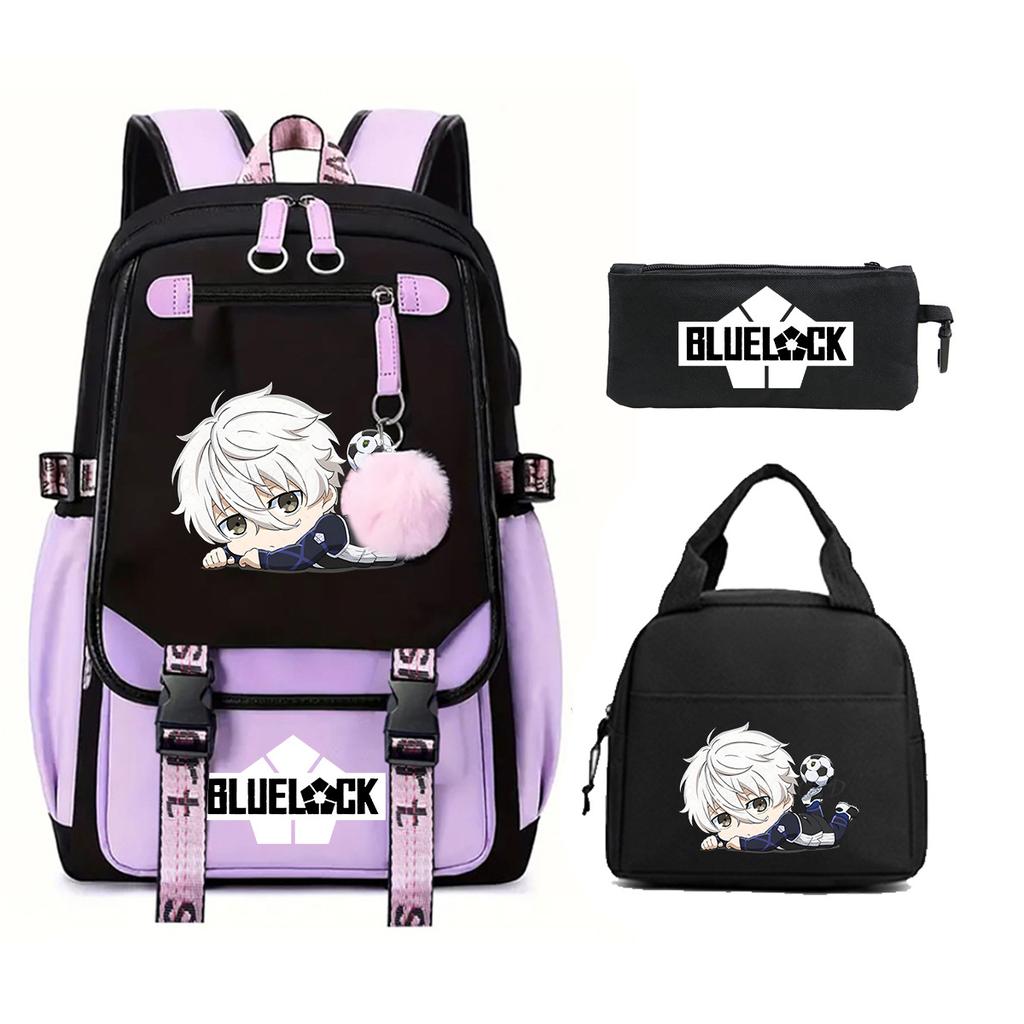Blue Prison Student School Bag Children'S Meal Bag Casual Pencil Bag Three-Piece Set