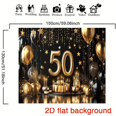 2D 50th Birthday Party Backdrop Banner, Black Gold Theme for Indoor & Outdoor Decoration