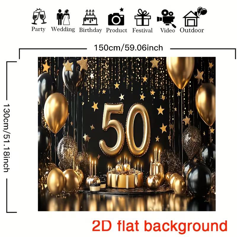 2D 50th Birthday Party Backdrop Banner, Black Gold Theme for Indoor & Outdoor Decoration