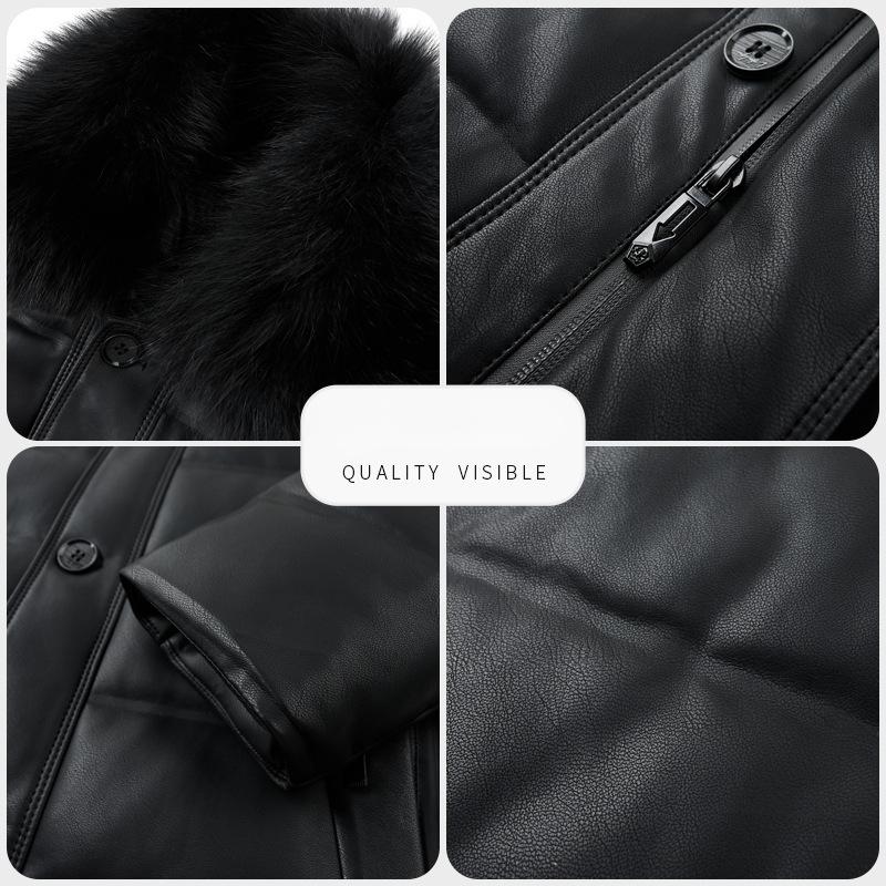 New Winter Genuine Leather Jacket for Men, Casual Middle-aged Leather Down Jacket, Lapel, Velvet and Thickened Jacket