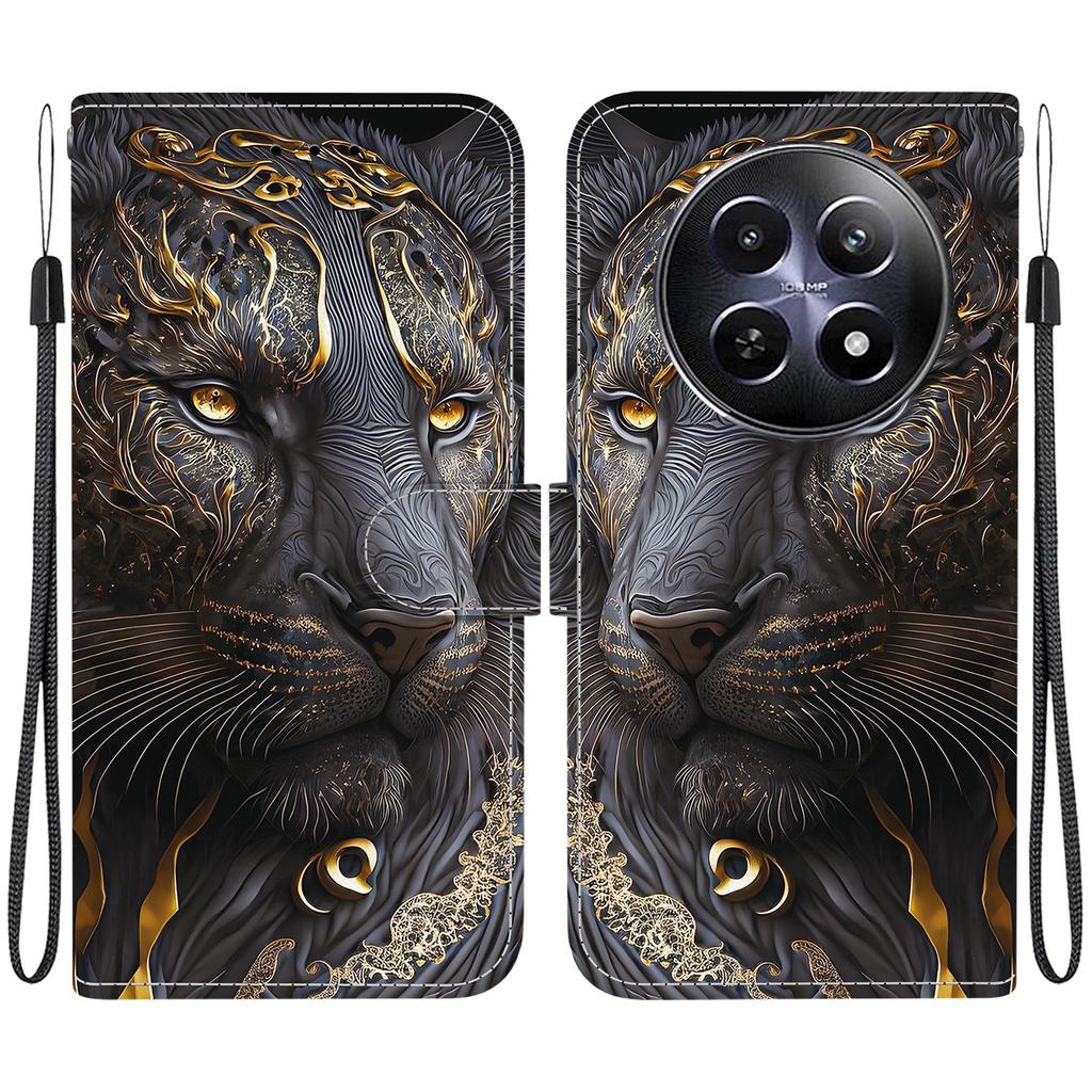 Handmade PU Leather Flip Case for Realme 12 (5G/RMX3999) Anti-Slip Shockproof Cover with Wrist Strap & Heart/Rose Cat Designs