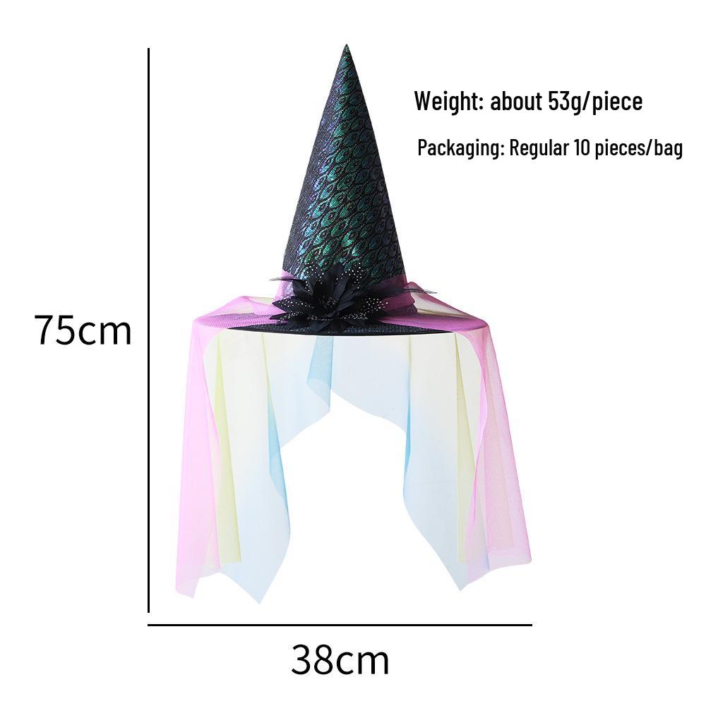 Halloween Witch Hat with Mesh, Rose, Feather, Pumpkin, and Star Design