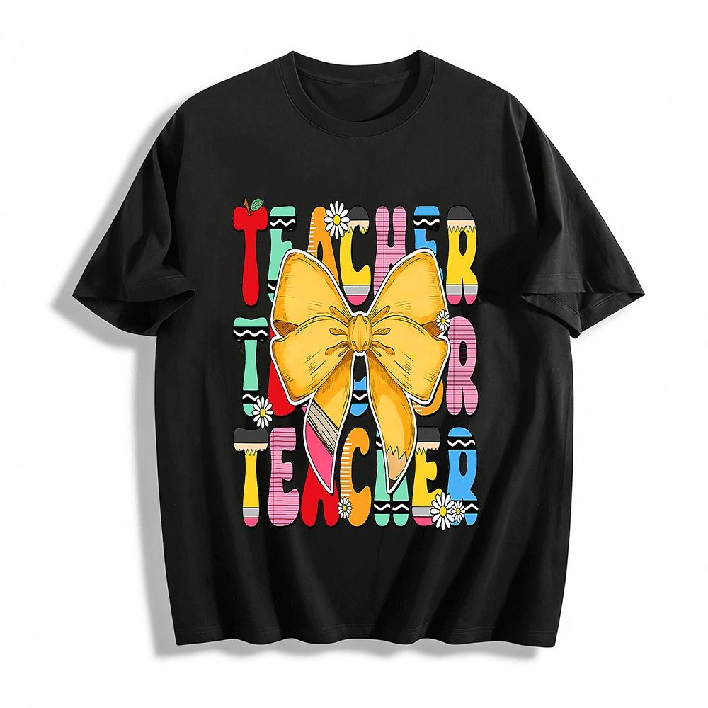 Cute Pencil Pattern TEACHER Bow Print Teacher Themed Casual Top Pure cotton T-shirt XXS