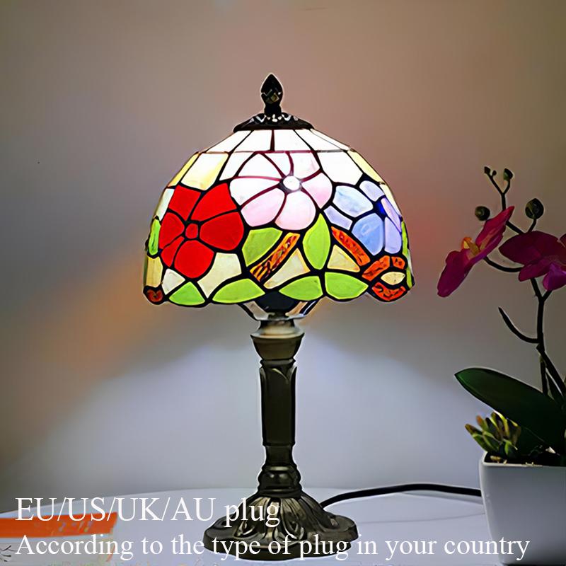Lampada da tavolo a LED in stile Tiffany Luci decorative mediterranee retrò Paralume in vetro colorato E27Per comodino, camera da letto, luce, caffè