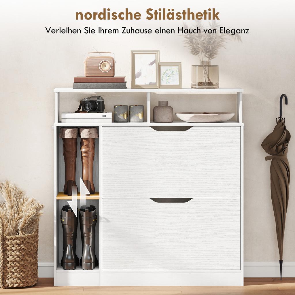 Shoe Cabinet with 2 Flaps Shoe Cabinet with Adjustable Divider, Open Compartment for 12 Pairs of Shoes 89 X 25 X 92 Cm White