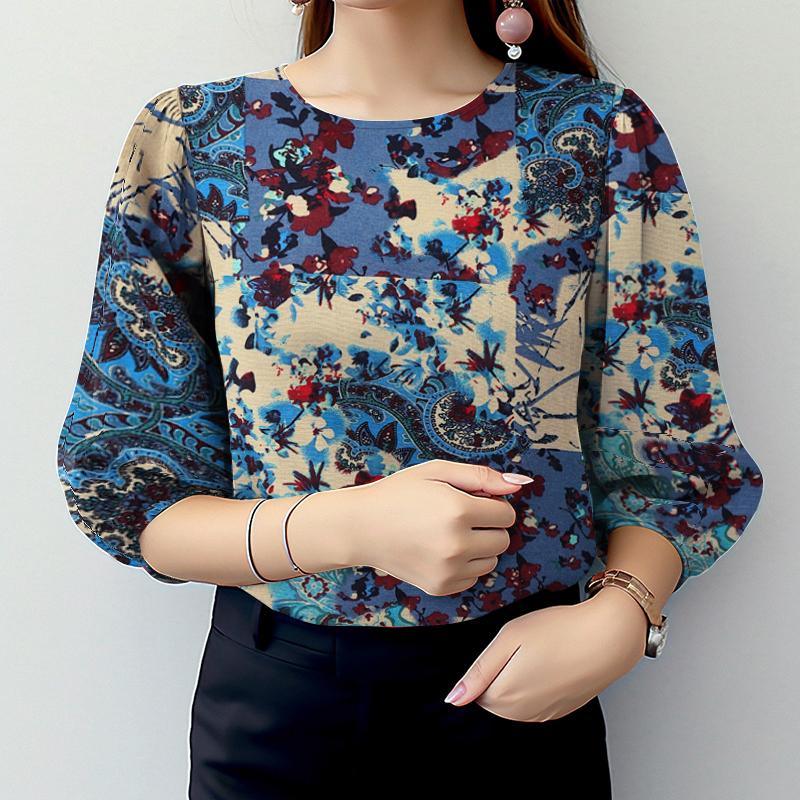 

ZANZEA Повседневная блузка с этническим принтом, круглым вырезом и свободными рукавами 3/4 XL синий