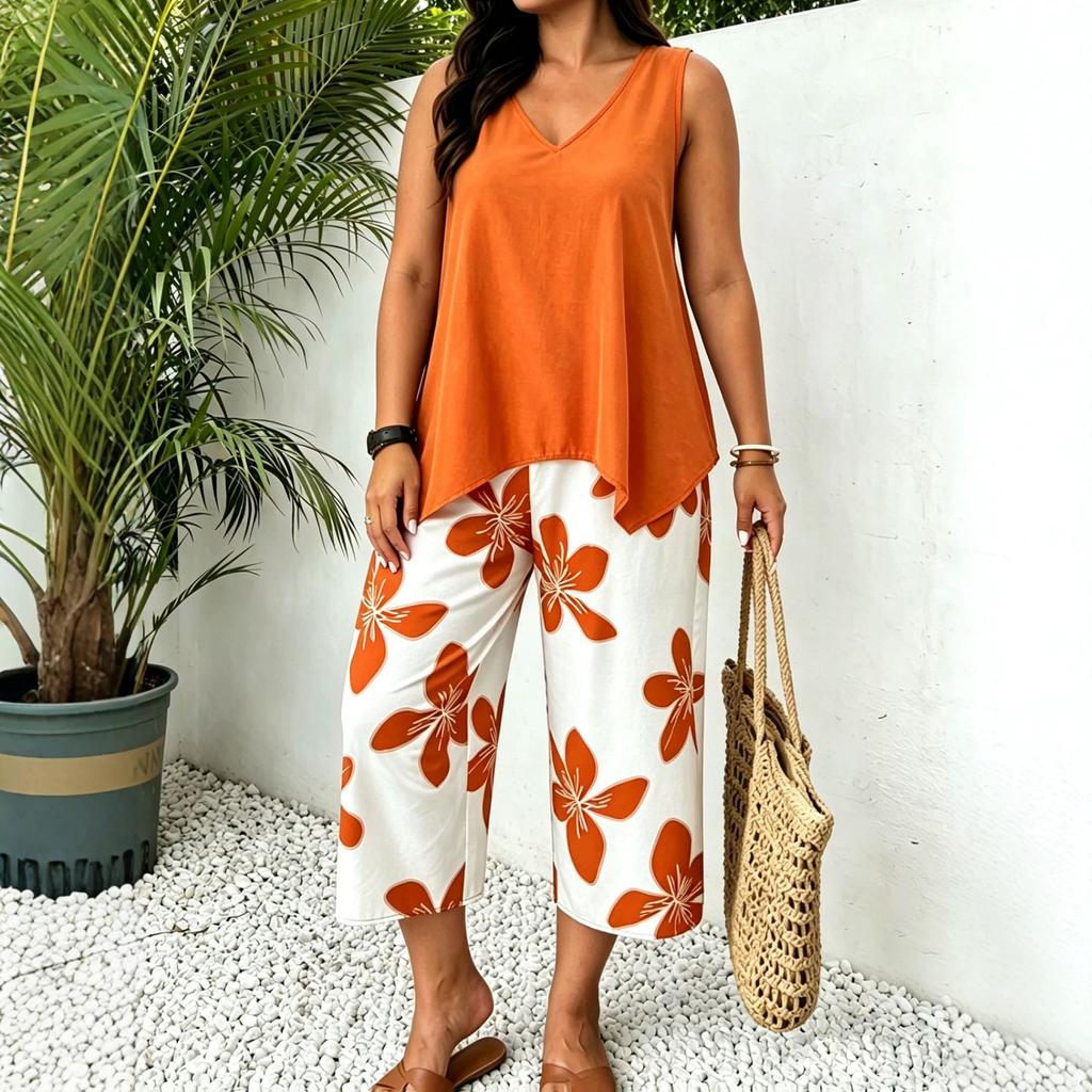 European and American cross-border TK Amazon Temu hot sale 2026 summer sleeveless V-neck top wide-leg cropped pants two-piece set