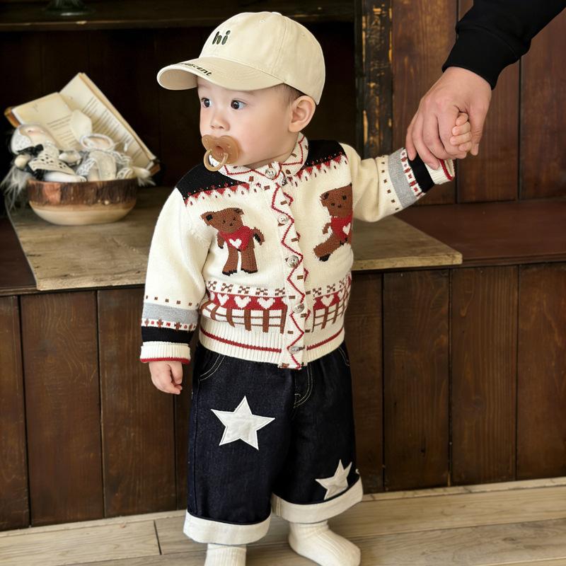 Children'S Clothing Spring Suit Cute Baby Boy Cartoon Bear Sweater Knitted Cardigan Autumn Versatile Jeans