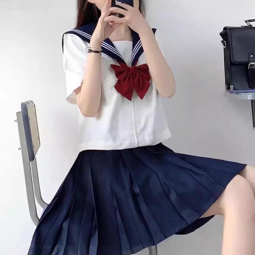 Japanese School Uniform Girl Jk Suit Sexy Spring and Autumn Red Tie White Three Basic Sailor Uniform Women Long Sleeve Suit