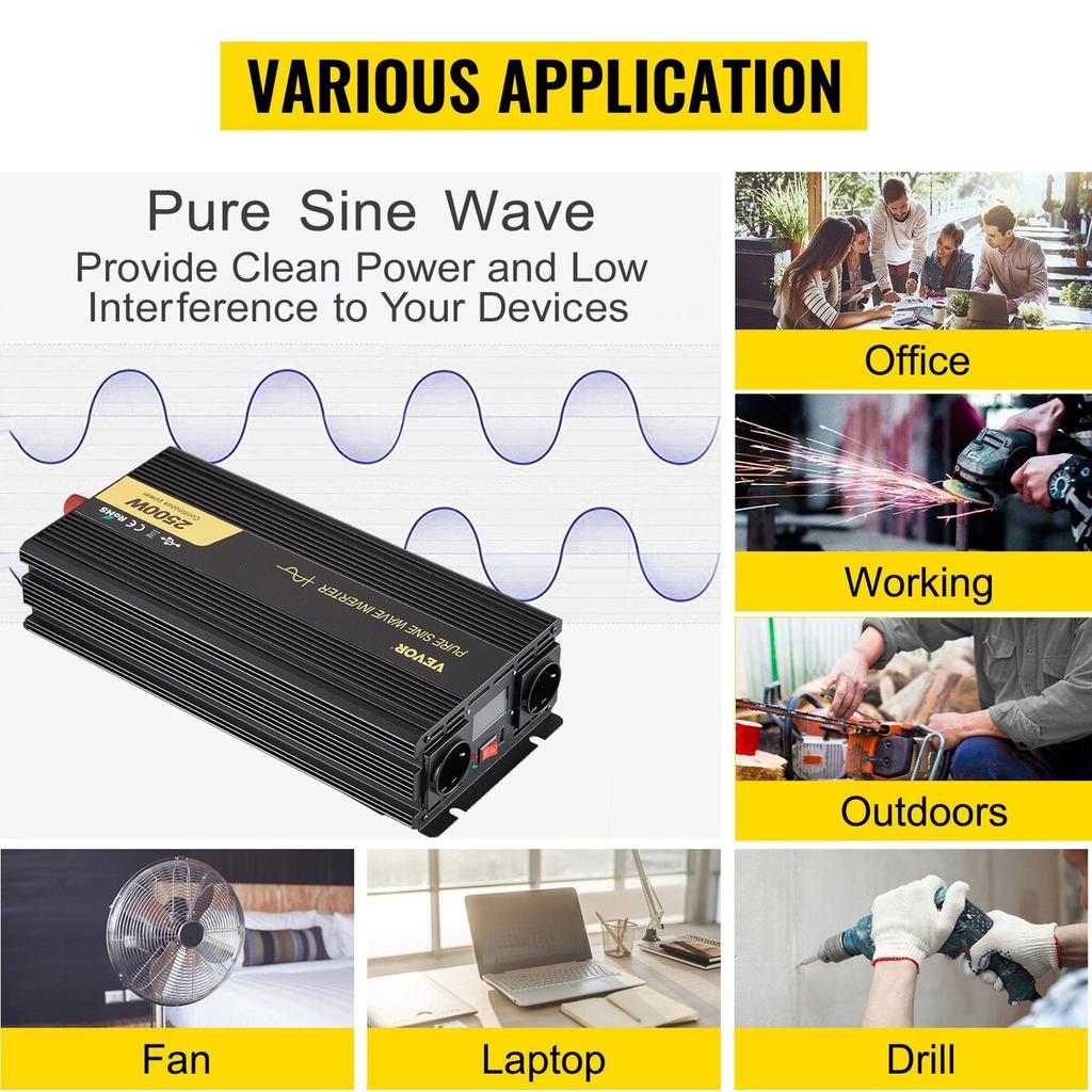 Pure Sine Wave Inverter 2500W Power Inverter DC 12V AC 230V, Car Inverter USB Port LCD Display Remote Controller, Safety Protections, Power Converter