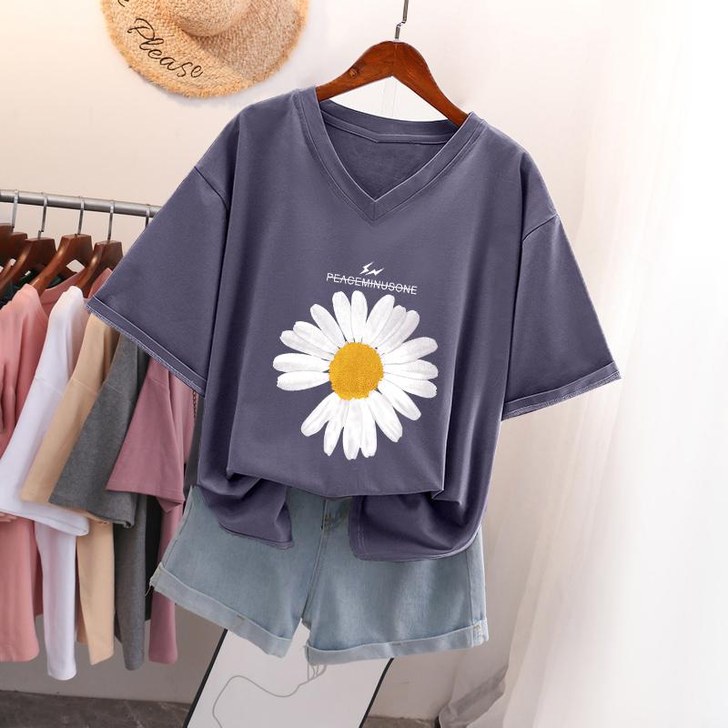 Short-sleeved T-shirt for Women, Large Size, Loose and Slimming, Printed V-neck Top