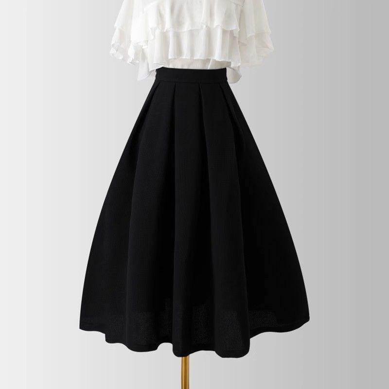 High-Waisted Midi Skirt - Spring & Autumn 2025 Versatile Hepburn Style A-Line Black Dress M (recommended for 95-105 kg)