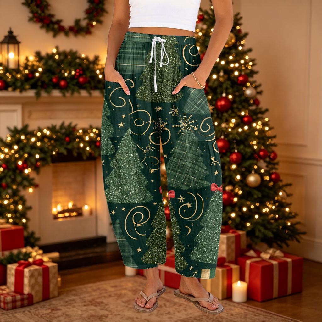 Women's Casual Cotton Linen Pants Plus Size High Waist Printed Loose Fit with Pockets