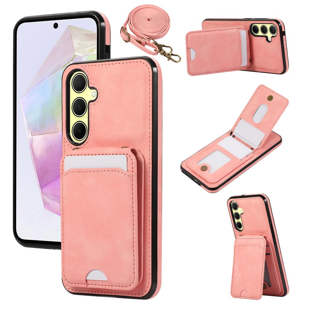 For Samsung Galaxy S25+/S24+ Case Card Holder Kickstand Leather + TPU Phone Cover with Shoulder Strap