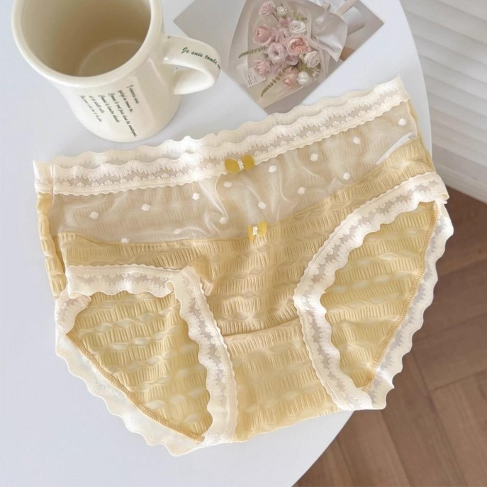 Mid Waist Underwear for Women Bow Mesh Briefs Summer Lace Seamless Panties Female
