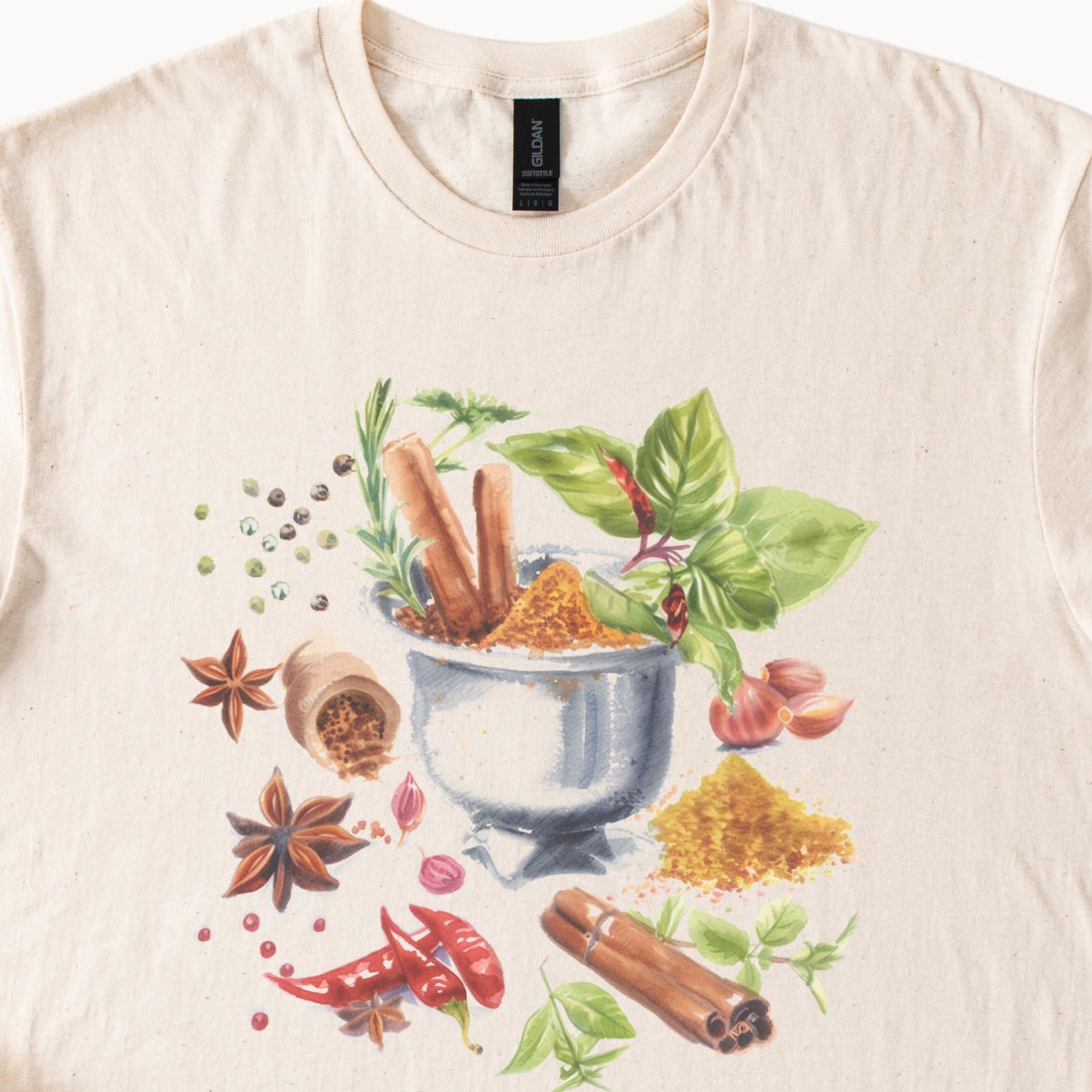 Herbs and Spices Graphic T Shirt Botanical Kitchen Art Cinnamon Basil Star Anise Peppercorns Culinary Chef Foodie Tee 100
