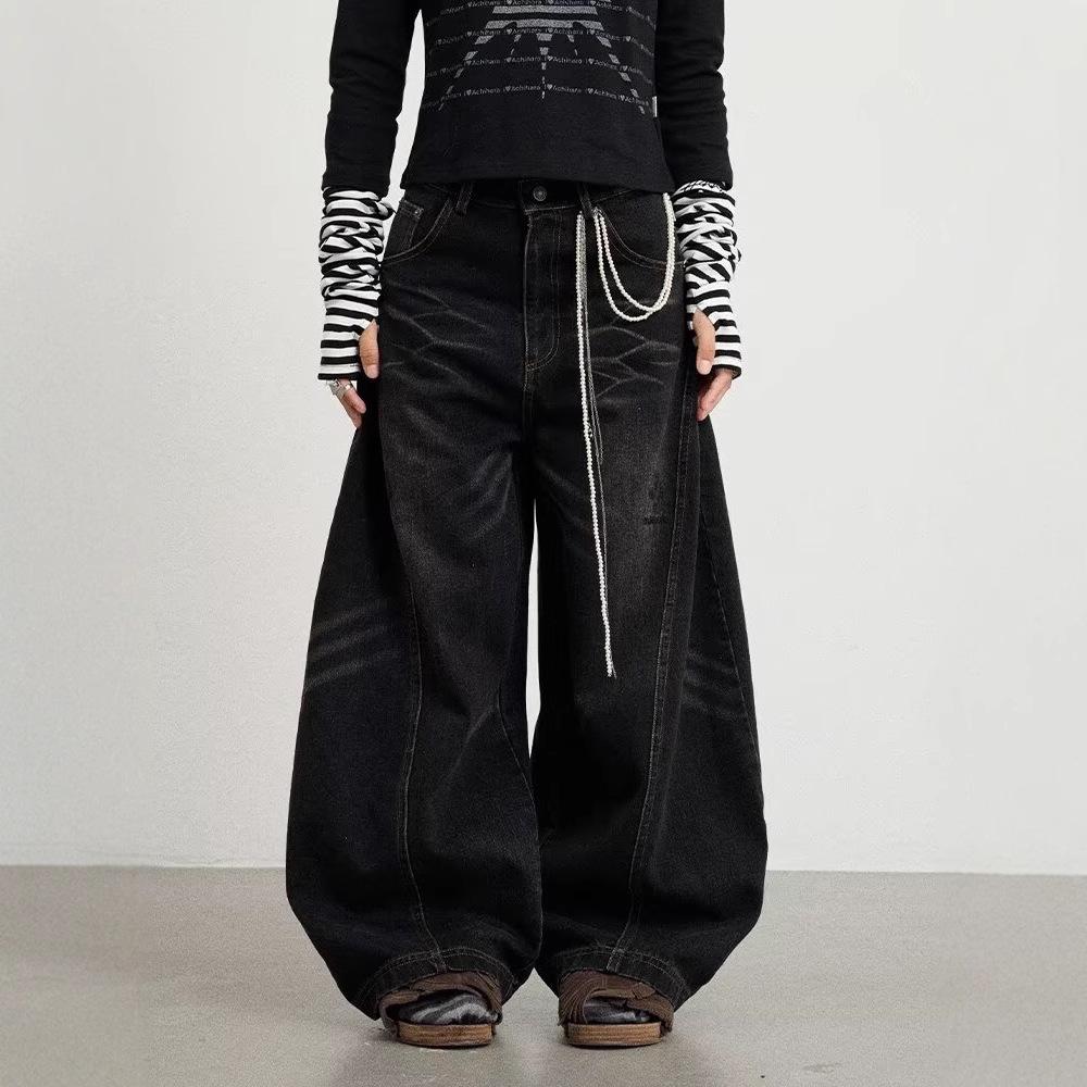 Women's Retro Black & Gray Scimitar Jeans: Autumn/Winter Baggy Wide-Leg Bloomers