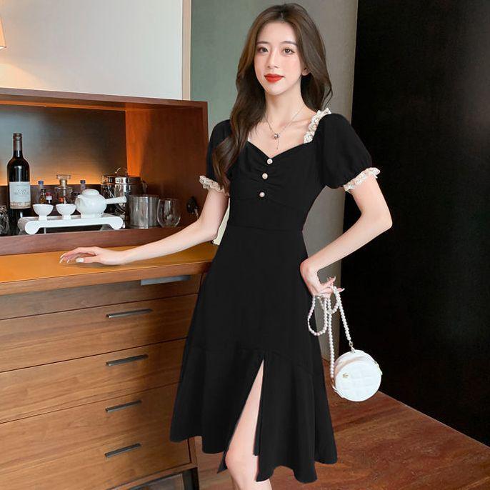 Elegant Forest Girl Slim-Fit Little Black Dress - Hepburn Style, Youthful Waist-Cinching Summer Design