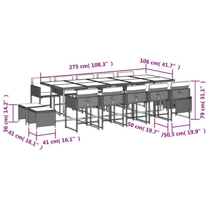VidaXL Ensemble à Manger de Jardin avec Coussins 15 pcs, Table et Chaises à Dossier Rabattable, Meubles d'Extérieur Patio 3211350