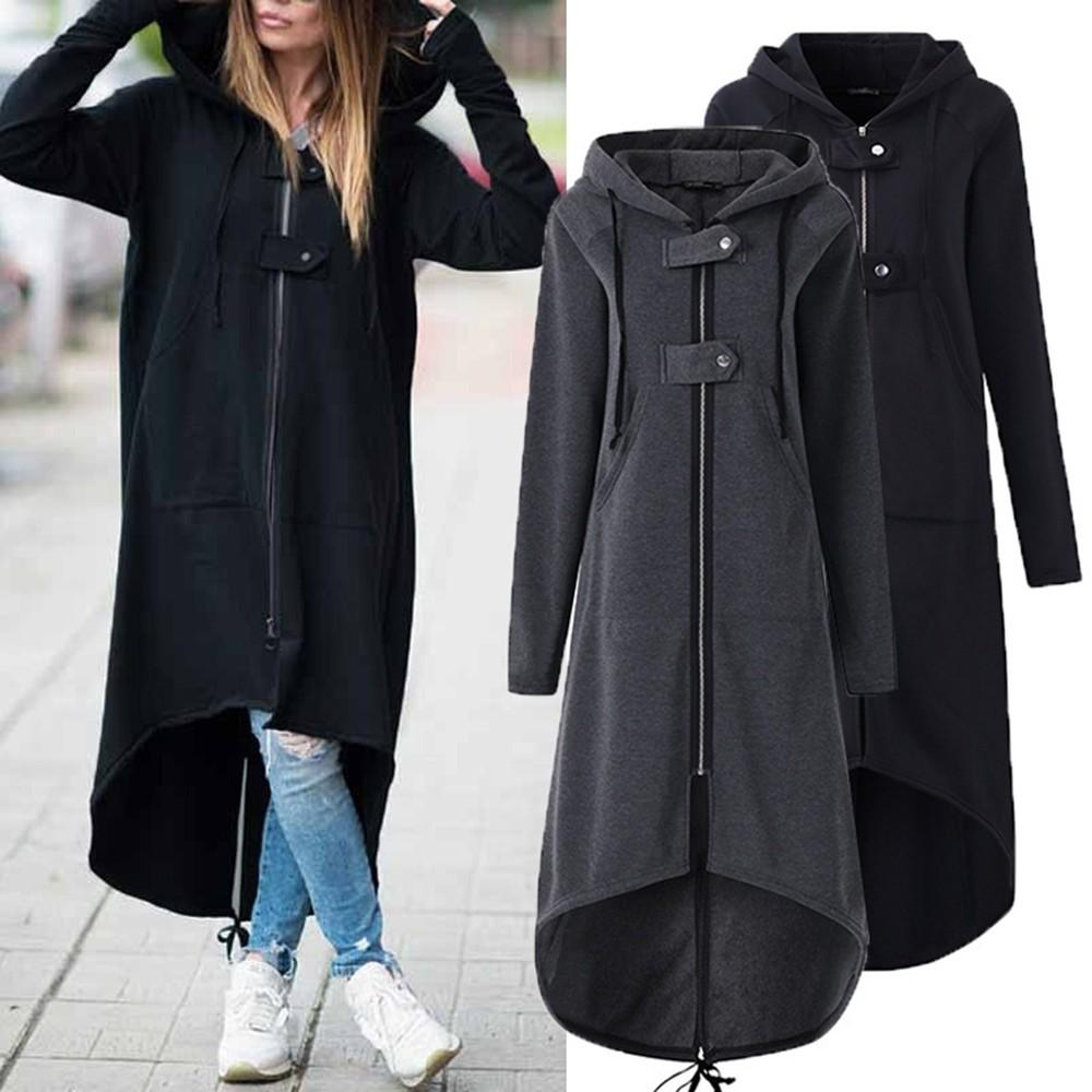 Women Fashion Hooded Jacket Long Sleeve Long Solid Coat With Pocket