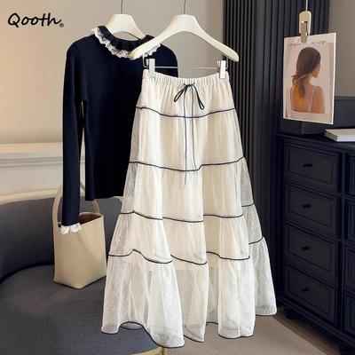 Lace Pleated Tiered Skirt Heavy Flowy A-Line Midi French Romantic QT2857