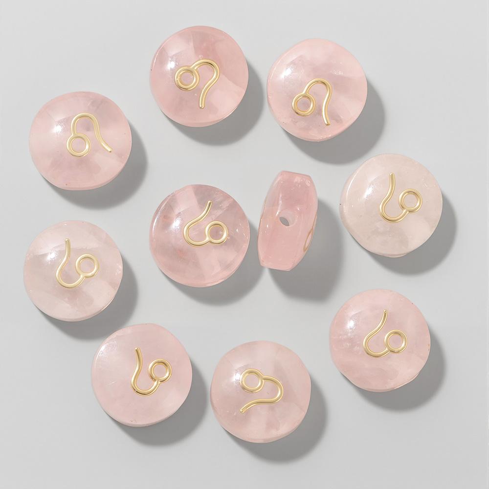 5pcs 8MM Pink Natural Rose Quartz Flat Round 12 zodiac signs constellation Stone Charms For DIY Making Jewelry