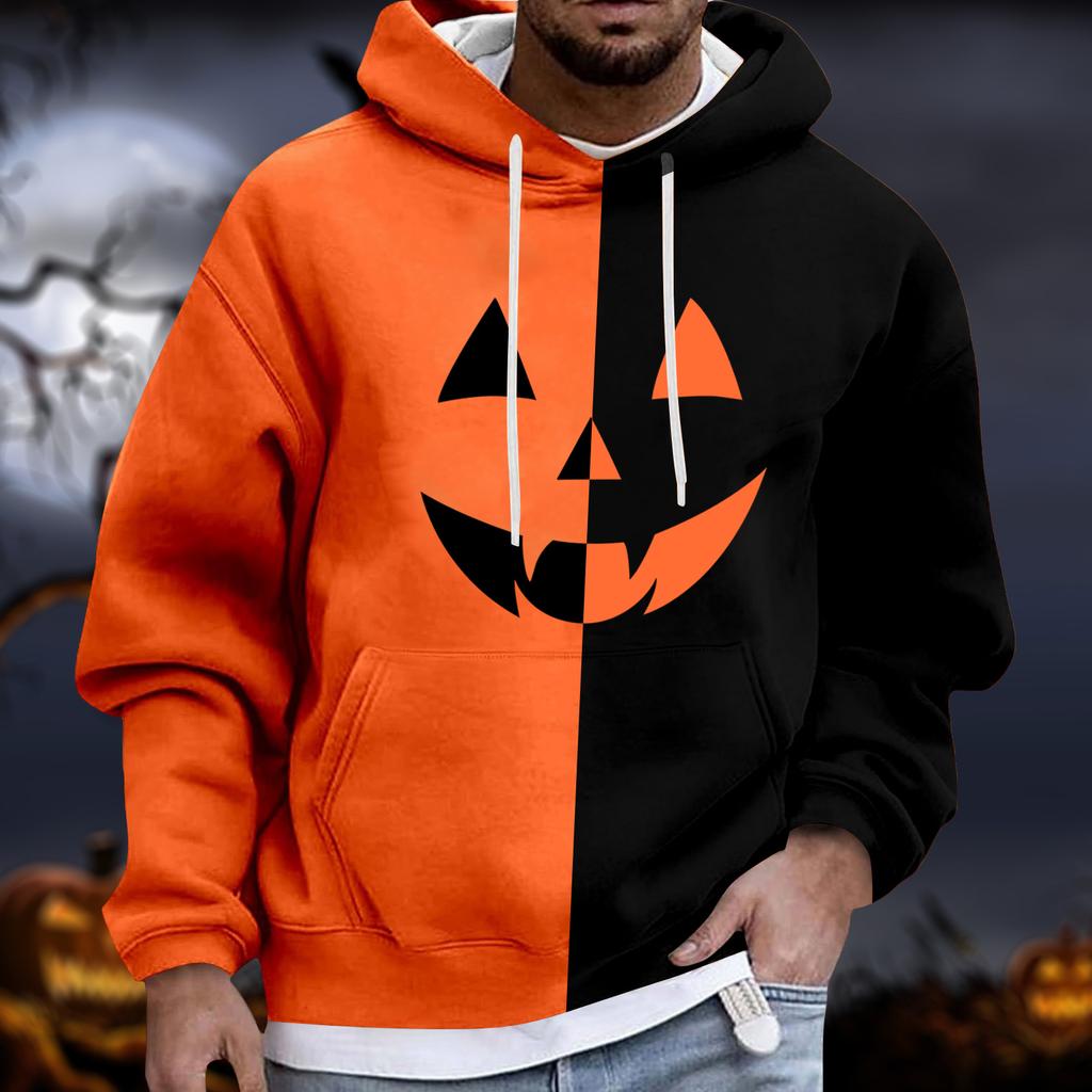 Men's Halloween Hoodie Funny Pumpkin Face Hoodie Scary Long Sleeve Top