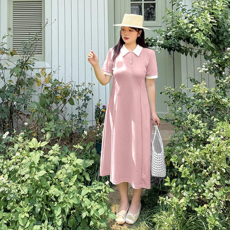 Large Size Women's Clothing Contrasting Color Polo Collar Dress, Summer New Waist and Age-reducing Medium and Long Dress 222191