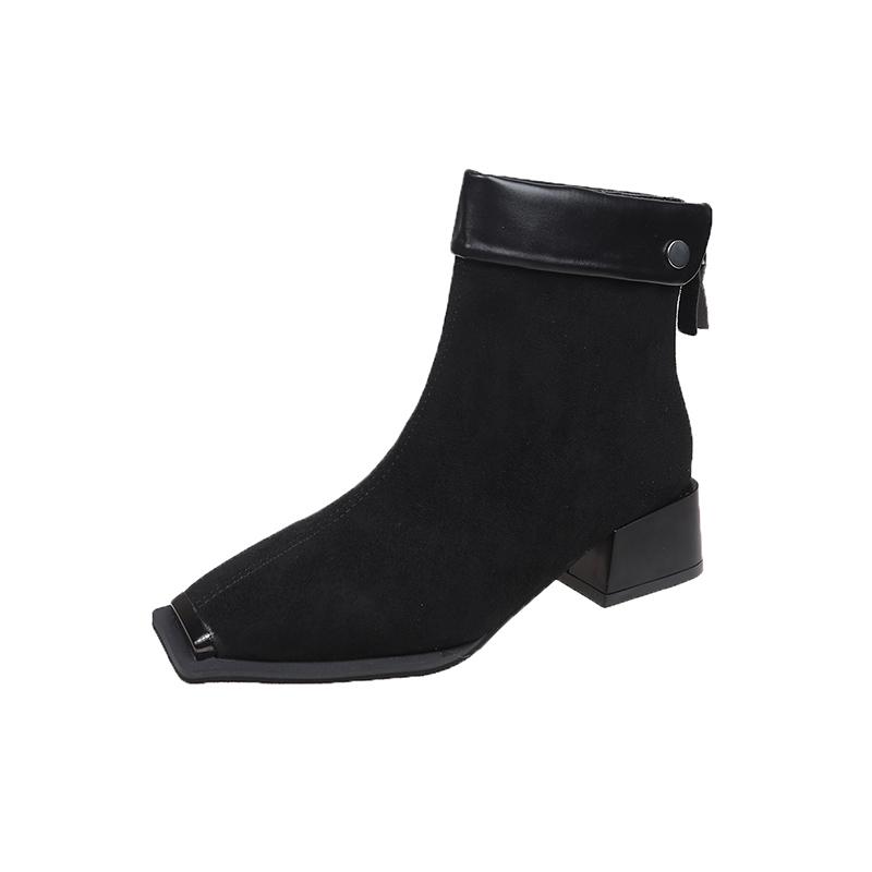 Fashion Women's Fashion Thick Heel Cotton Boots Winter New Square Head Suede Back Zipper Splicing Rivet Non-slip Short Boots