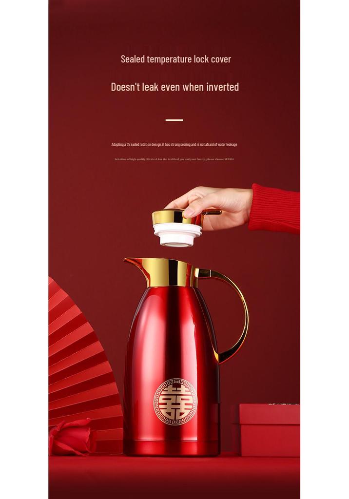 Wedding Dowry Red Insulated Thermos Flask Set - Pair of 304 Stainless Steel Kettles with Cups