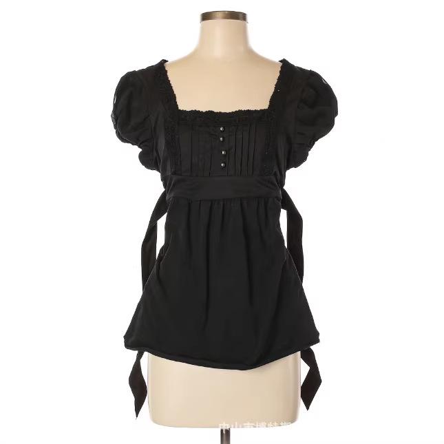 Y2K French Fashion Slimming U-neck Lace Trim Puff Sleeve Women's Top