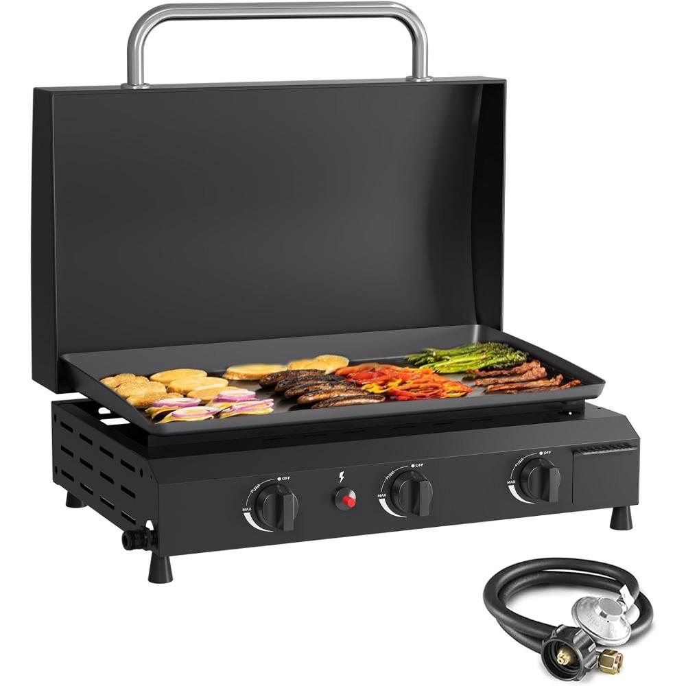 3 Burner Gas Griddle with Hood- 23.3 Inch Outdoor Propane Griddle-45000 BTU Propane Fuelled, Portable Flat Top Gas Grill