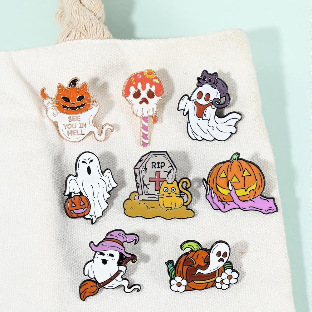 Funny Halloween Badge Creative Pumpkin and Ghost Brooches Horrible Skull Lollipop See You In Hell Spooky Enamel Pins