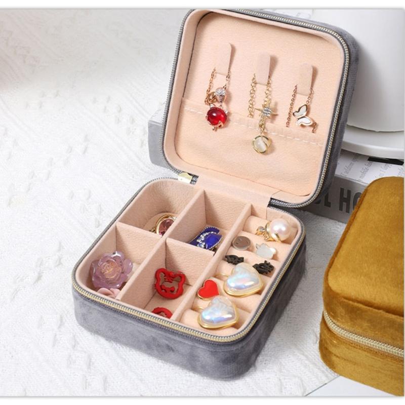 High-end Square Zipper Style Jewelry Box Travel Portable Velvet- Jewelry Storage Bag Bracelet Earrings Jewelry Organizer