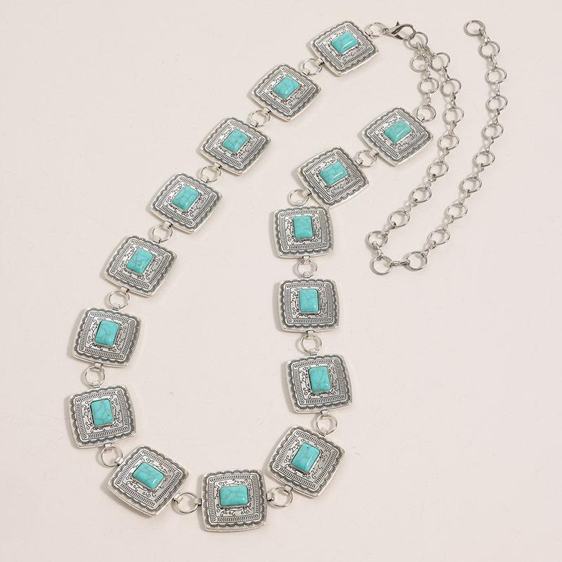 Boho Style Waist Chain Turquoise Metal Pattern Square Waist Chain Beautiful Retro Literary Women's Waist Chain
