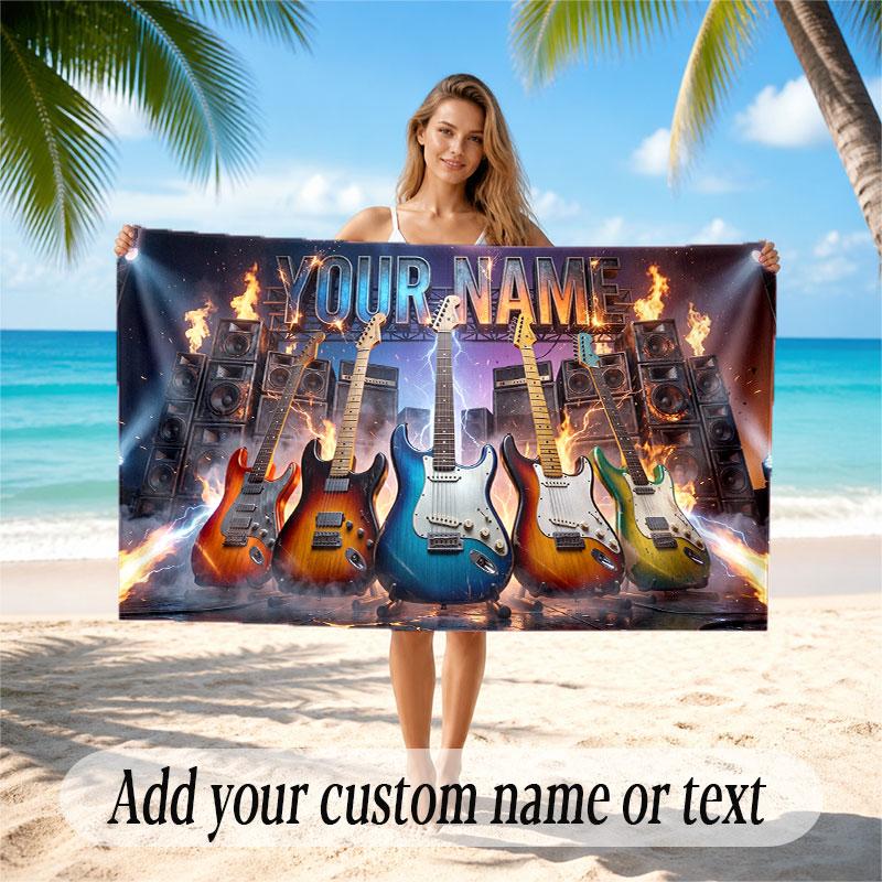 Music Guitar Theme Beach Towel Personalized Custom Name & Text Soft Quick Dry Beach Towel for Swimming Travel