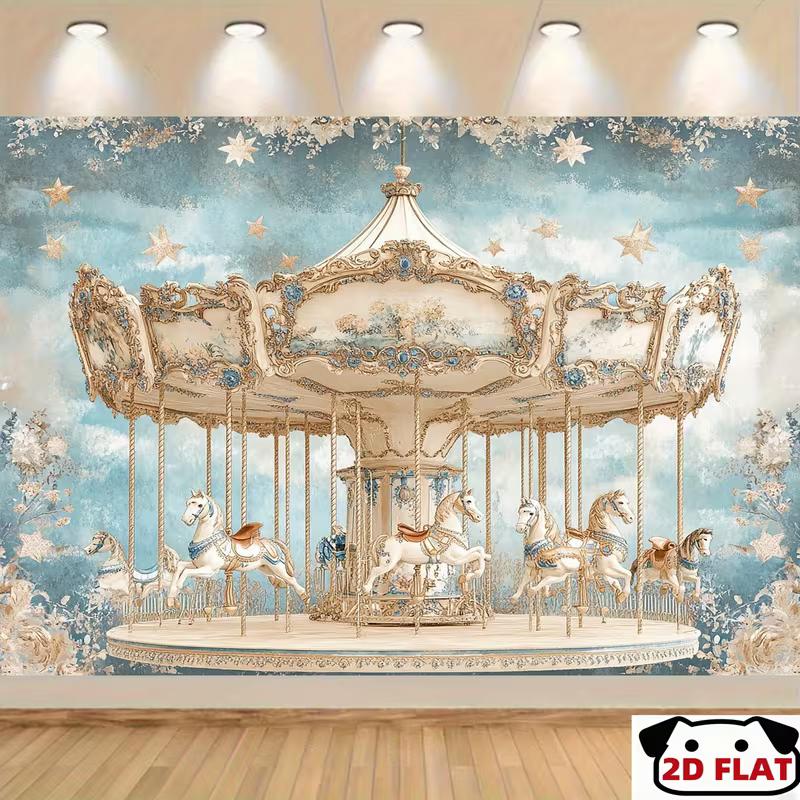 2D Romantic Blue Carousel Photo Booth Background Cloth