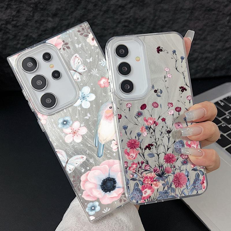 Red Floral Pattern Feather Sparkling Hard PC Slim Phone Case For Samsung S25 Ultra S24 FE S23 A36 A56 A16 A55 Glitter Shockproof TPU Soft Edge Cover
