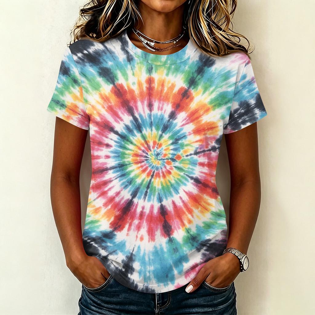 Women's Casual Pullover T Shirt Short Sleeve Round Neck Tie Dye Print Top Lightweight Comfortable Fit