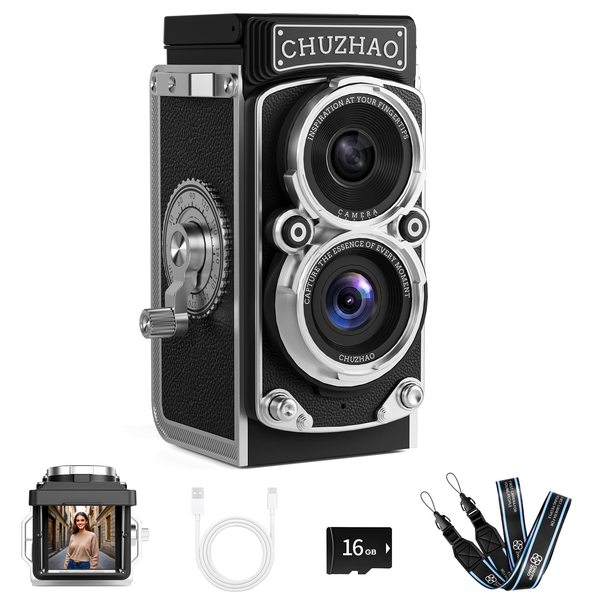 

CHUZHAO Mini Retro Digital Camera - Vintage TLR-Style Compact SLR Digital Camera with Autofocus and 16GB SD Card, Perfect Gift for Beginners, Teens,
