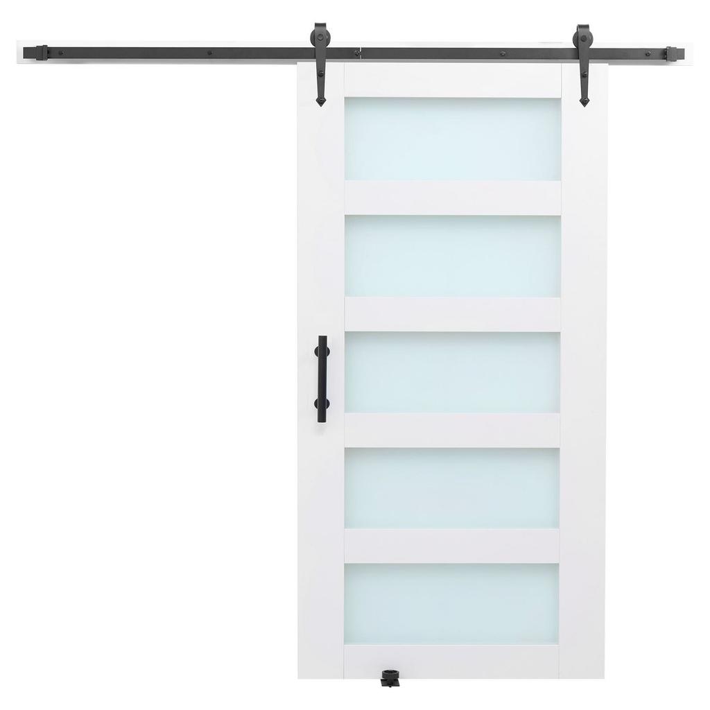 Sliding Barn Door, 1067 x 2134mm, High-Strength MDF Panel and Glass, Barn Door with Hardware Kit, Water-Proof PVC Surface, Easy to Install, H-Frame,