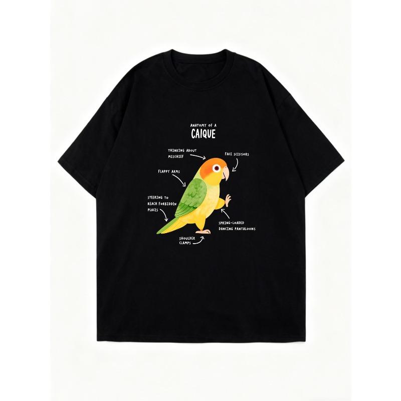 Oversized T Shirt Black Caique Parrot Anatomy Graphic Print For Casual Wear