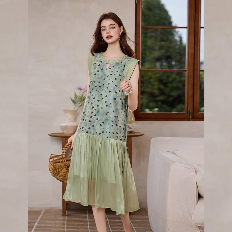 Bailuyu Heart Print Lace Trim Fly Sleeve A-Line Dress M зелёный