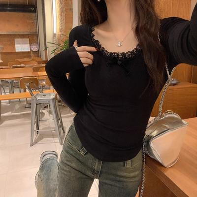 Bottom Shirt Women's Autumn and Winter with New Lace Edge U-neck Long-sleeved T-shirt Women's Polished Beautiful Top