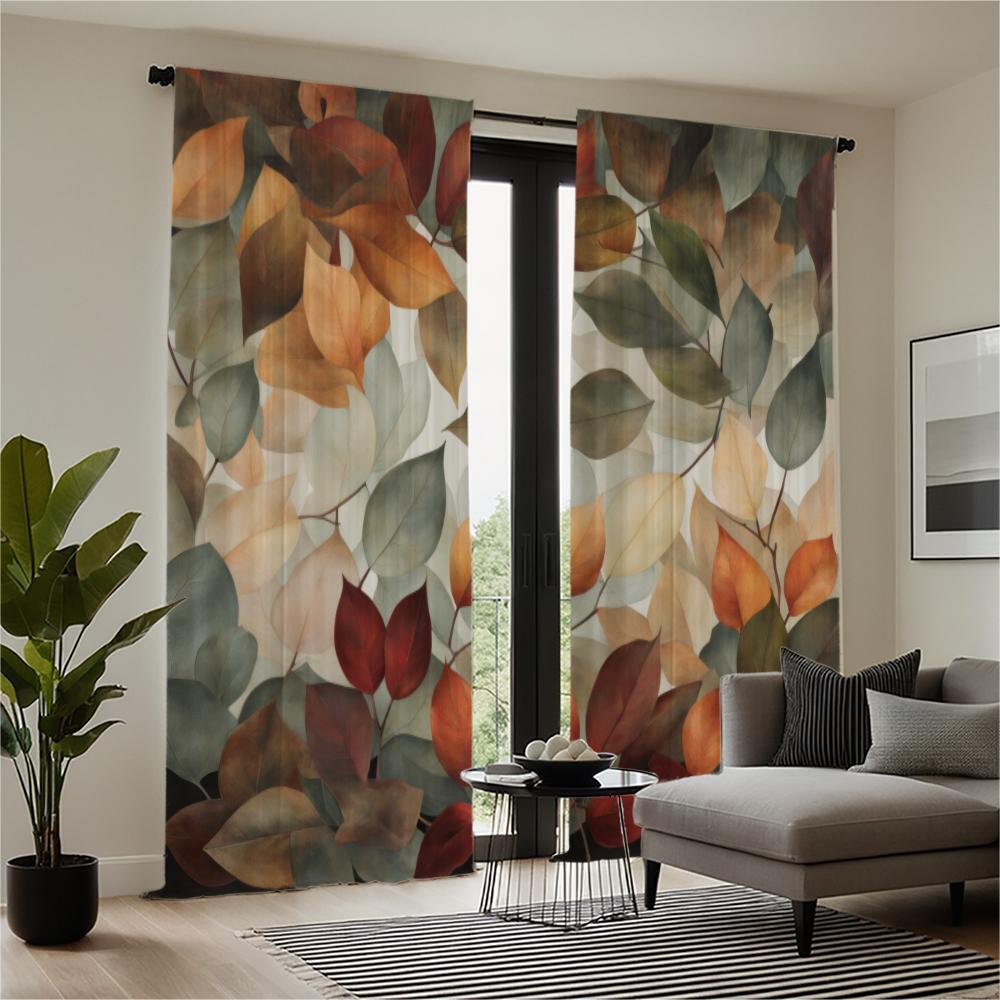 2-piece set of high-definition digital printed curtainautumnLeavesStyleColorfulPatternForRodPocketCurtainHome decoration style