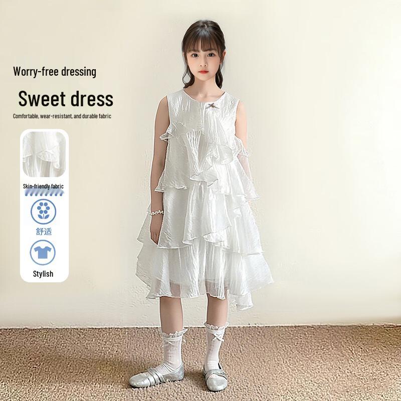

Girls White Sleeveless Tiered Summer Princess Dress M