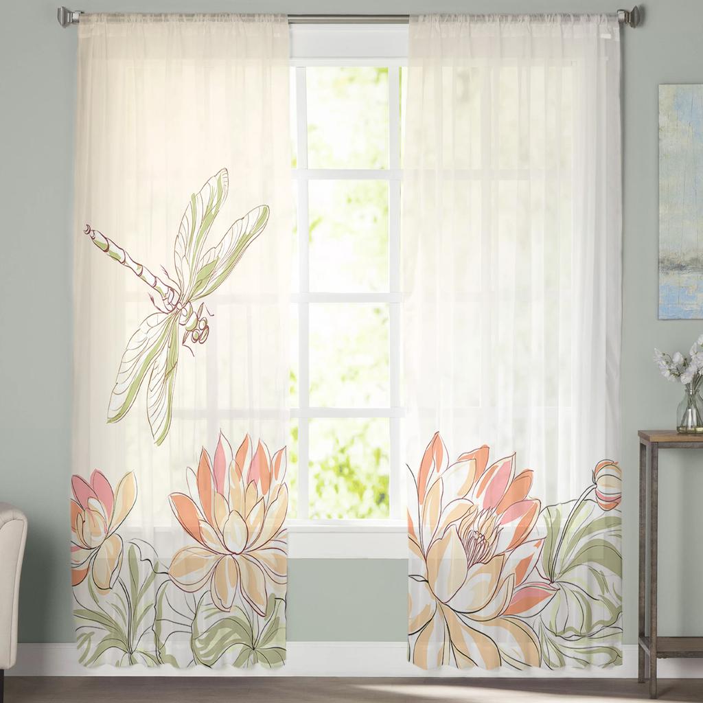 Cartoon Libelle Lotus Blume Sheer Vorhänge Wohnzimmer Fenster Tüll Vorhänge Für Schlafzimmer Küche Home Dekoration Voile Vorhänge